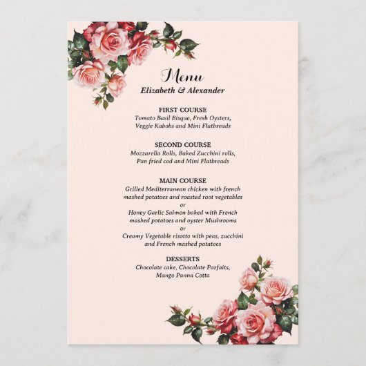 Menu Joli mariage rose et rouge roses (Devant)