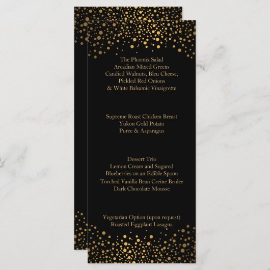 Menu Jour de Mariage Tendance Points Dorés et Noir (Devant / Derrière)