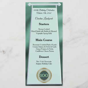 Menu Joyeux 100e anniversaire Parties scintillant verte