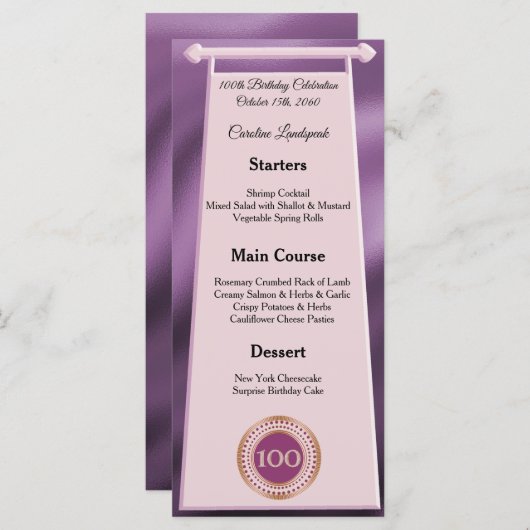 Menu Joyeux 100e anniversaire Rose Parties scintillant  (Devant / Derrière)