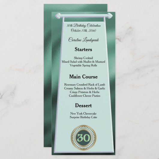 Menu Joyeux 30e anniversaire Parties scintillant verte (Devant / Derrière)