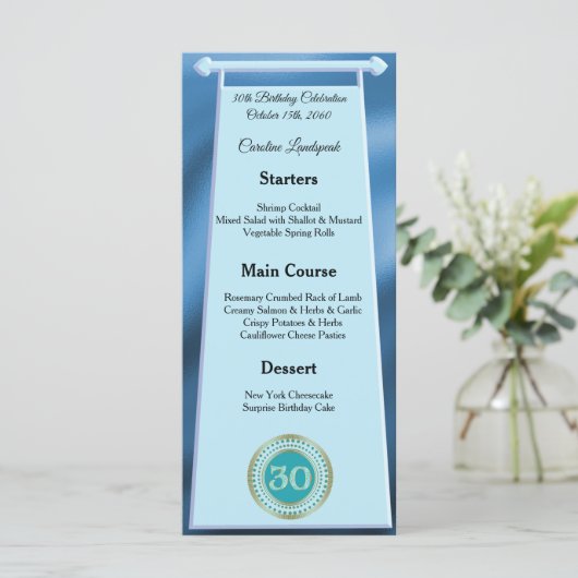 Menu Joyeux 30e anniversaire Turquoise Blue Parties sci (Debout devant)