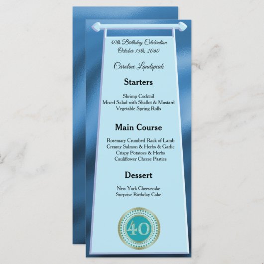 Menu Joyeux 40e anniversaire Turquoise Blue Parties sci (Devant / Derrière)