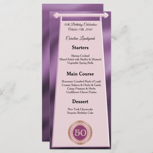 Menu Joyeux 50e anniversaire Rose Parties scintillant o (Devant / Derrière)