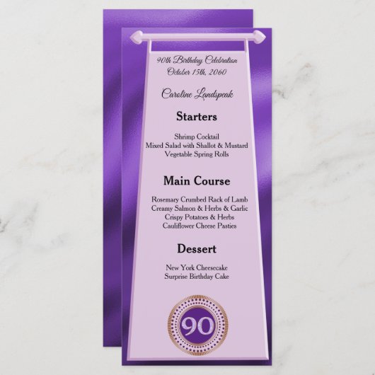 Menu Joyeux 90e anniversaire Purple Parties scintillant (Devant / Derrière)