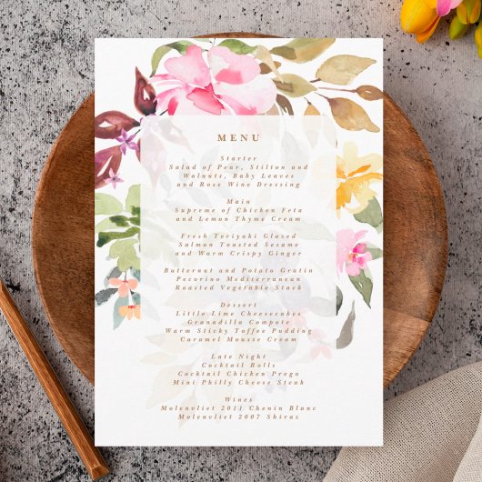 Menu Joyeux Mariage de fleurs d'aquarelle