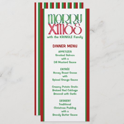 Menu Joyeux Noël vert Noël (Devant / Derrière)