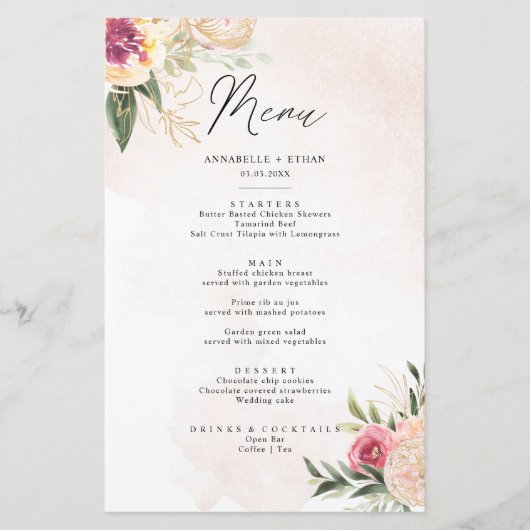 Menu-kaart Peony en Gold Foil Bloom (Voorkant)