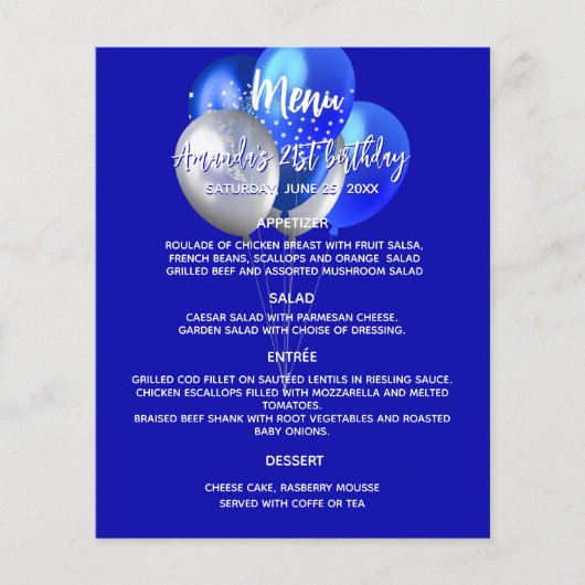 Menu koninklijke blauwe witte ballonnen verjaardag (Voorkant)