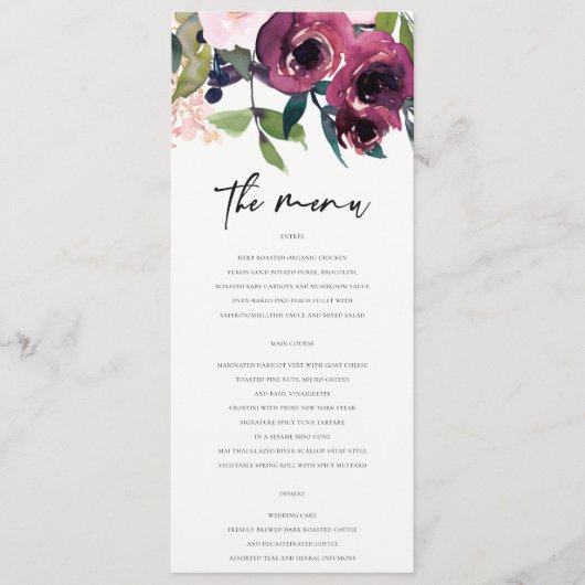 MENU KRAFT BRIGHT BLUSH BURGUNDY FLORAL BUNCH MARIAGE (Devant)