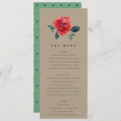 MENU KRAFT COULEUR D'EAU ROUGE VERT ROSE FLORAL MARIAGE (Devant / Derrière)