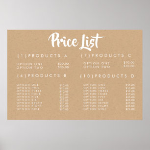 Menu Kraft Prix des Services Affiche Imprimée sur