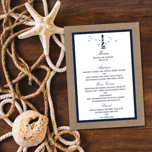 Menu La collection Mariage de Burlap du phare nautique