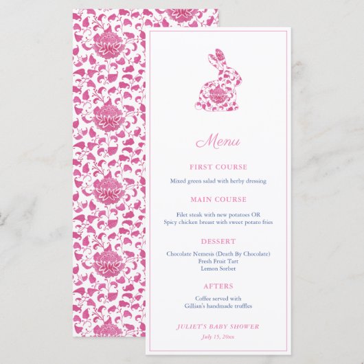 Menu Lapin de Chinoiserie Rose Fête de Mariage (Devant / Derrière)