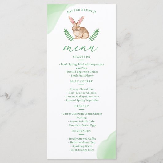 Menu Lapin mignon aquarelle marron et verdure de Pâques (Devant)