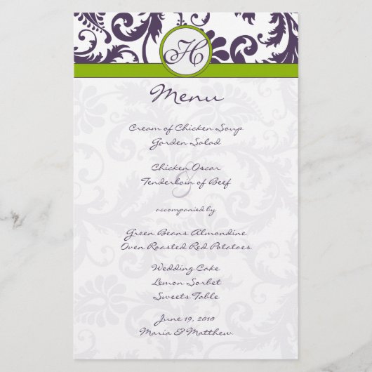 Menu Lapis Purple et Apple Green Mariage damassé (Devant)