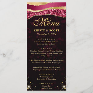 Menu Larmes de glamour bordeaux et or Mariage Bokeh