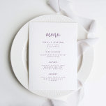 Menu Lavande de script minimaliste moderne | MARIAGE<br><div class="desc">Cette carte de menu mariage minimaliste et élégante propose une typographie de script couleur lavande moderne et un texte sans serif épuré sur un arrière - plan blanc pour un design simple et élégant que vous aimerez.</div>
