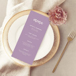 Menu Lavande de script minimaliste moderne | MARIAGE<br><div class="desc">Cette carte de menu élégante,  minimaliste et mariage,  est dotée d'une typographie de script moderne blanc et d'un texte sans serif propre,  pour un design simple et élégant lavande clair violet que vous adorerez.</div>