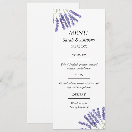 Menu Lavande Purple Floral Aquarelle Mariage (Devant / Derrière)