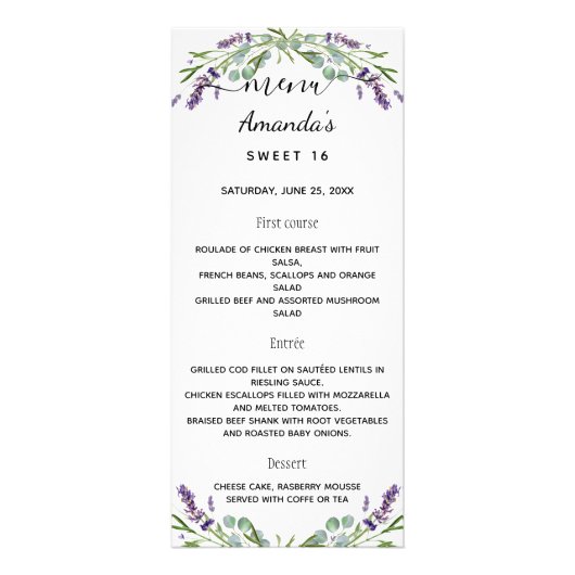 Menu lavande violet eucalyptus verdure jadis (Devant)