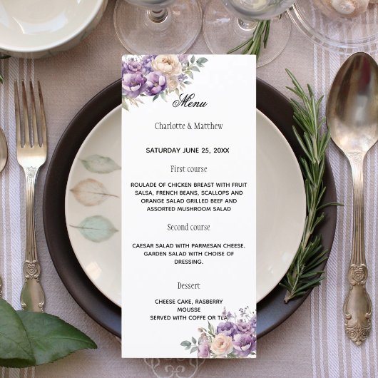 Menu Lavender champagne cream floral wedding