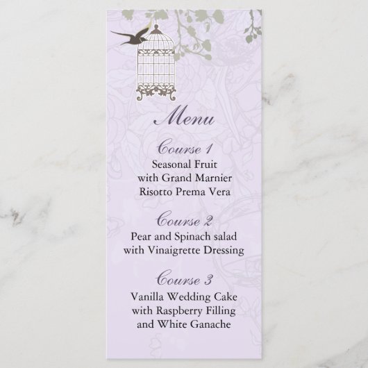 Menu Lavender Lilac oiseaux de cage vintage mariage (Devant)