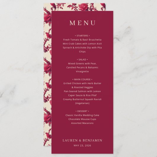Menu Lavish Crimson Blooms Wedding (Devant / Derrière)