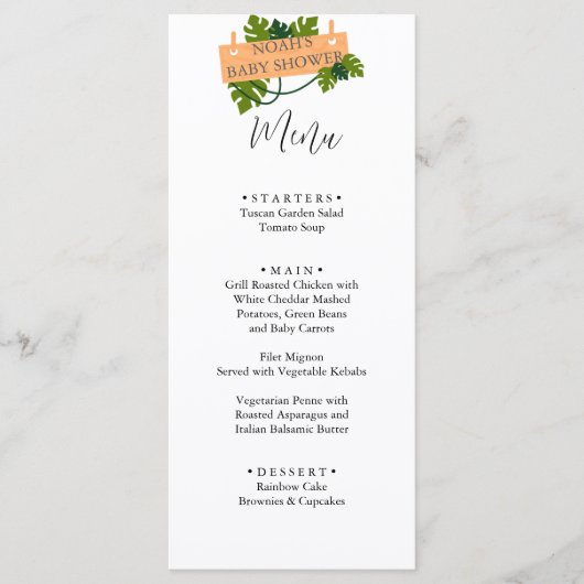 Menu Le baby shower de verdure animal de Cute Safari (Devant)