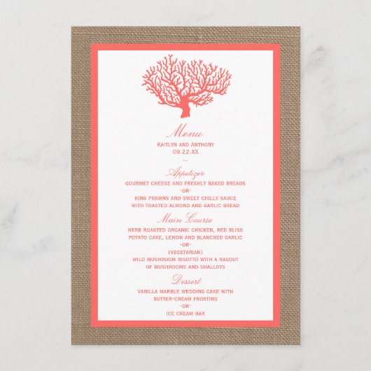 Menu Le Corail Sur Burlap Boho Beach Wedding Collection (Devant)