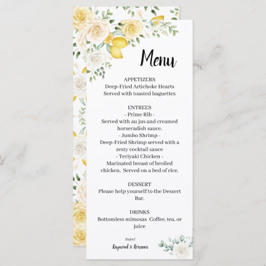 Menu Lemons & Rozen Weddenschap Vrijgezellenfeest (Voorkant / Achterkant)