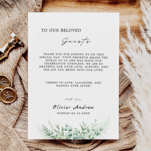 Menu Lettre Merci vert, note serviette