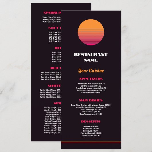 Menu Lever de soleil abstrait, Restaurant Mince (Devant / Derrière)