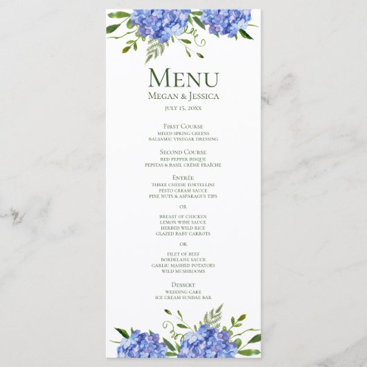 Menu LGBTQ Blue Hydrangeas Floral Mariage (Devant)