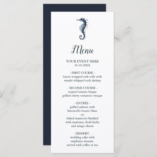 Menu L'hippocampe bleu | Mariage nautique (Devant / Derrière)