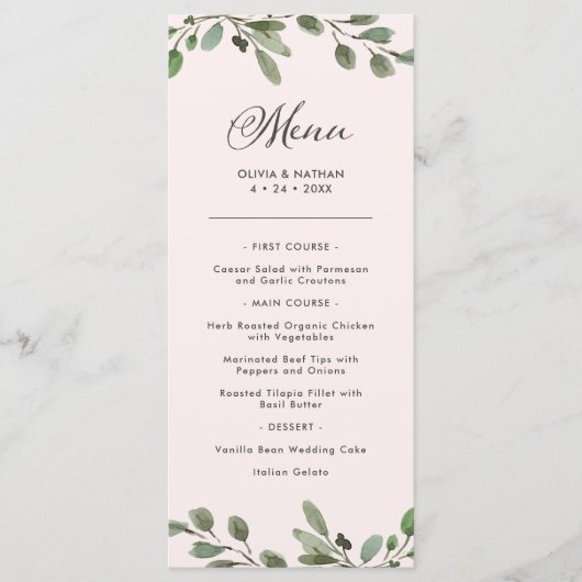 Menu Liage minimal | Mariage rose pâle (Devant)