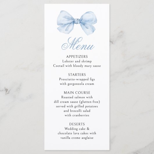 Menu Light Blue Bow Coquette Baby Boy Shower (Devant)