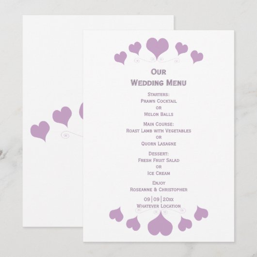 Menu Lilac Hearts Design Wedding (Devant / Derrière)