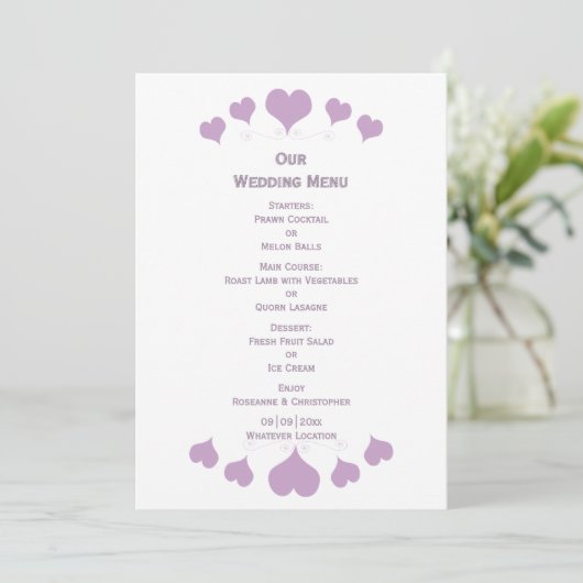 Menu Lilac Hearts Design Wedding (Debout devant)