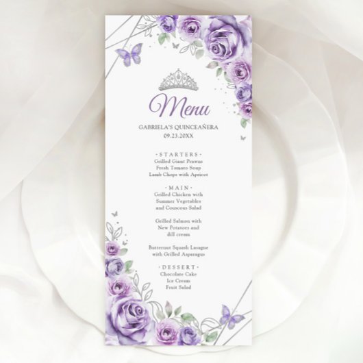 Menu Lilac Purple Silver Floral Quinceanera
