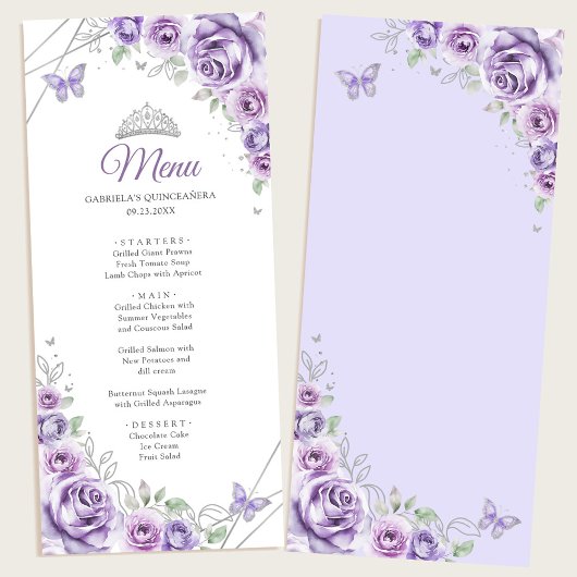 Menu Lilac Purple Silver Floral Quinceanera