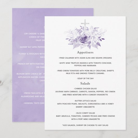 Menu Lilas et fleurs argentées Baptême ou Christening (Devant / Derrière)