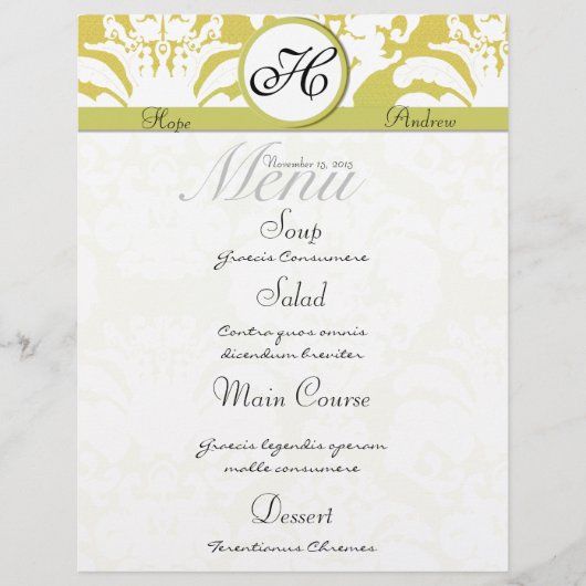 Menu limoen- en Gold Damask Monogram Wedding (Voorkant)