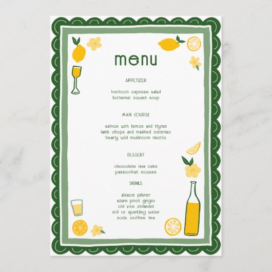 Menu Limoncello Lemonade Lemons Fête des mariées CUSTOM (Devant)