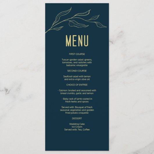 Menu Line Art Gold Feuilles Deep Blue Elegant Wedding (Devant)