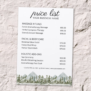 Menu Liste de prix de spa de nature de forêt aquarelle 