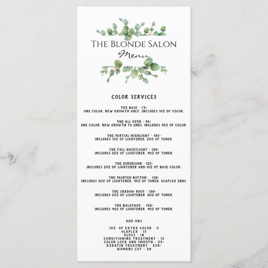 Menu Liste des prix du salon (Devant)