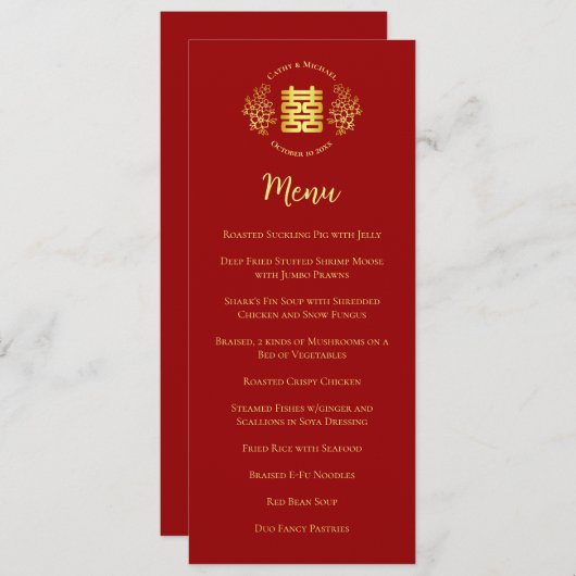 Menu logo floral rouge mariage chinois double bonheur (Devant / Derrière)