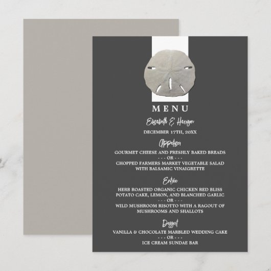 Menu Lone Sand Dollar - Charcoal Grey - Beach Wedding (Devant / Derrière)