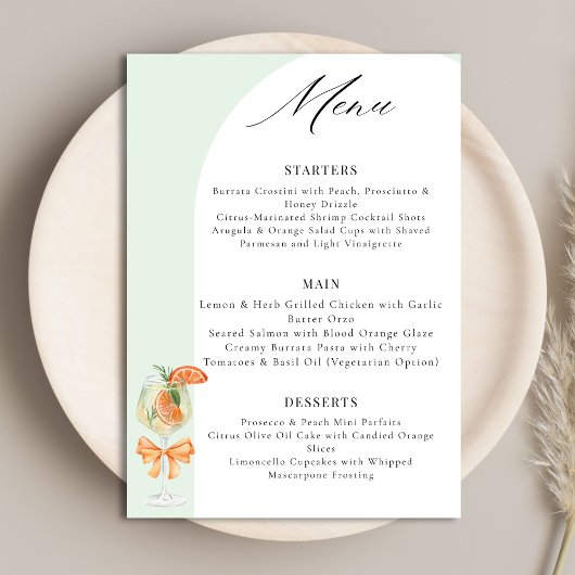 Menu Love At First Spritz Green Arch Bridal Shower